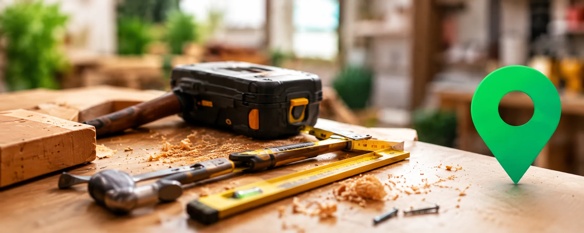 Outils de menuiserie sur établi, avec repère de localisation